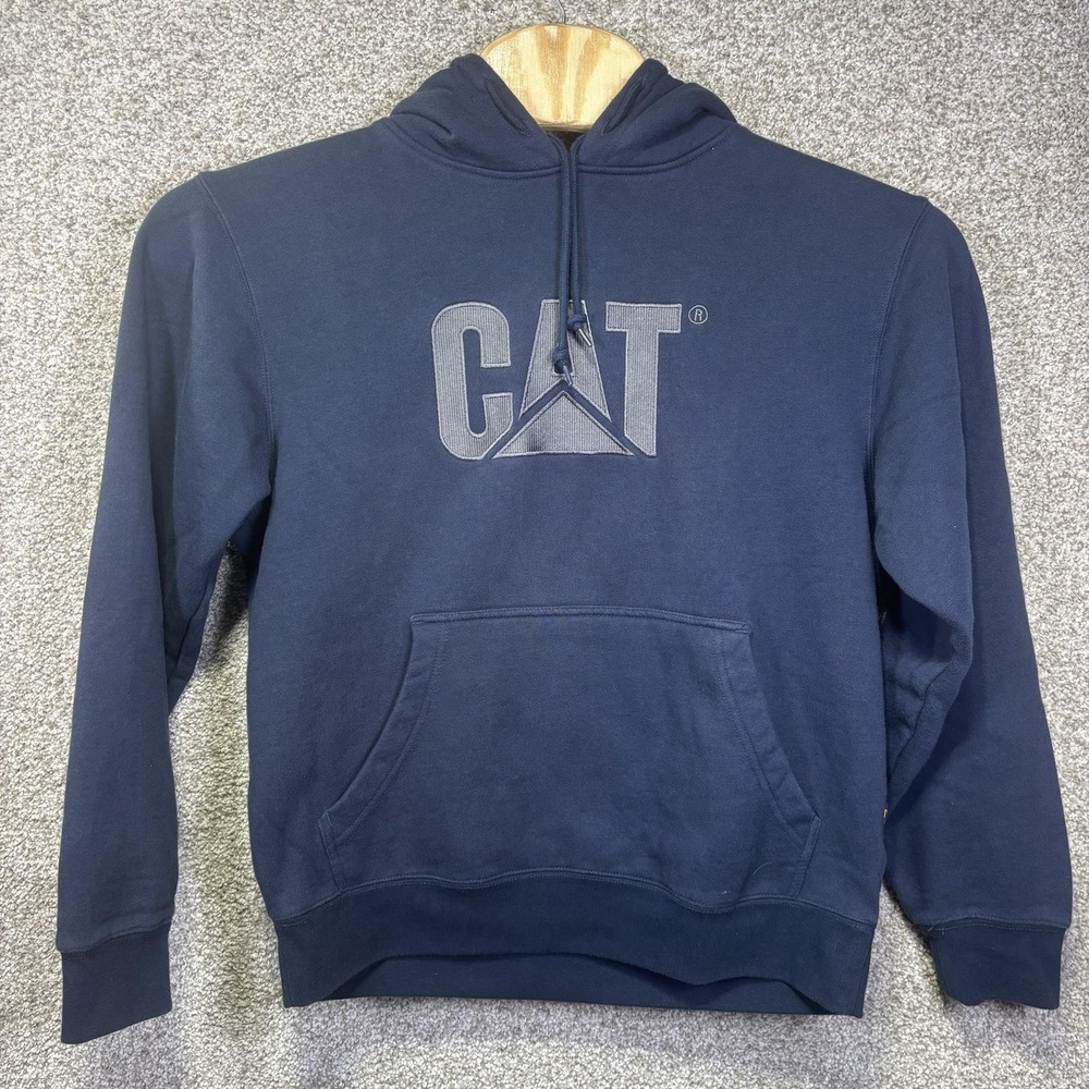 CAT Hoodie Mens Medium Blue Fleece Pullover Kangaroo Pocket‎ Work Sweatshirt